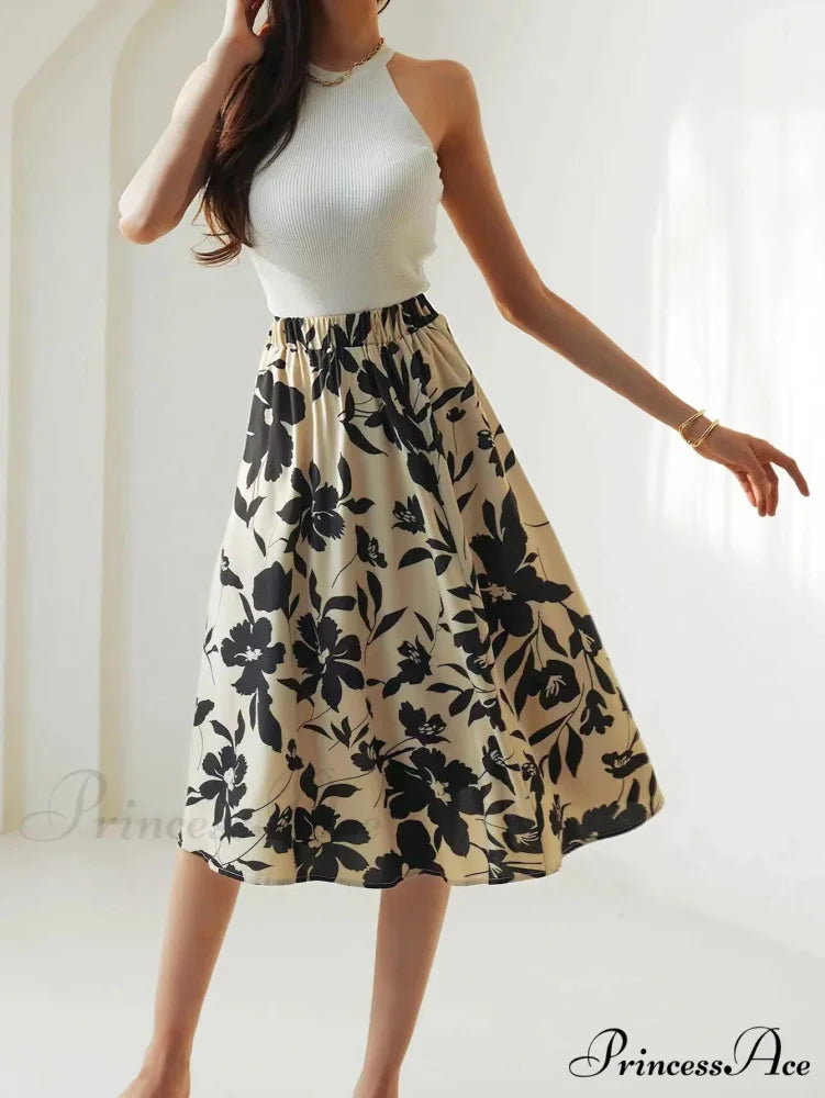 Printed Elastic Waist Below Knee A-Line Skirt
