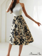 Printed Elastic Waist Below Knee A-Line Skirt