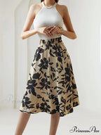 Printed Elastic Waist Below Knee A-Line Skirt