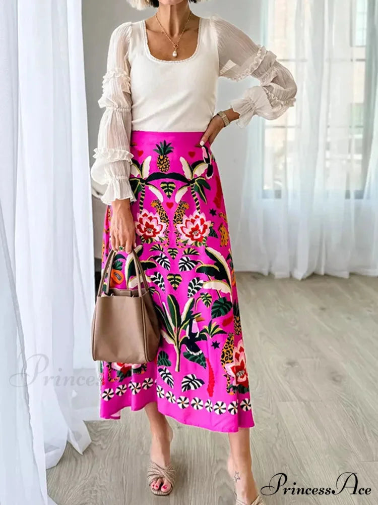 Printed Flared Skirt Flora Zipper Spring Summer Style Skirt