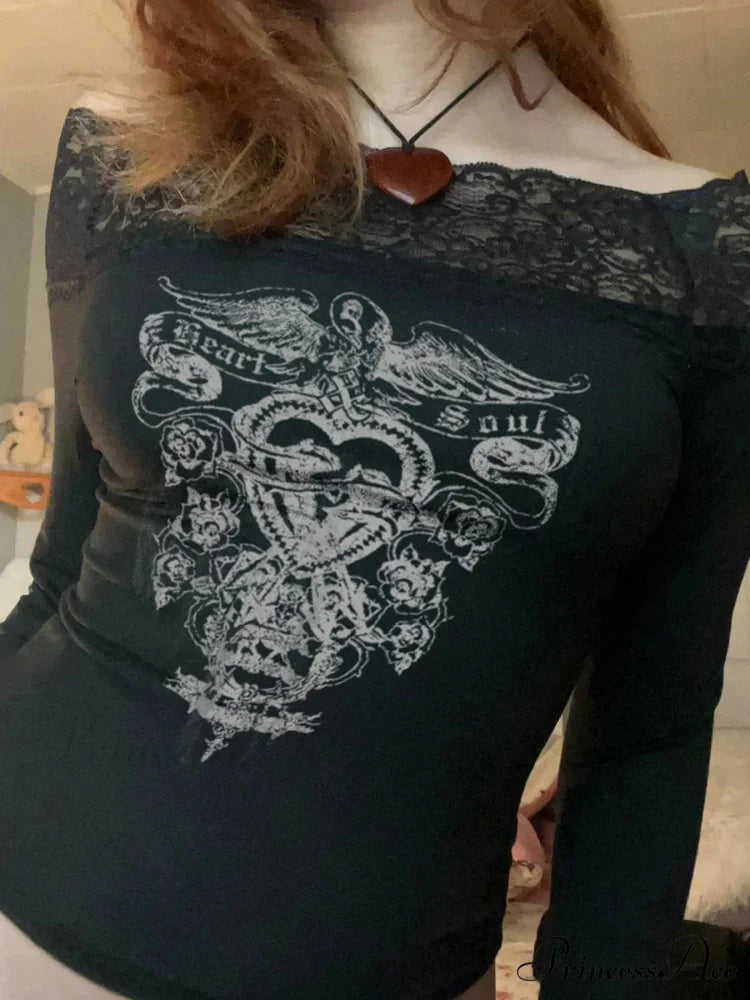 Printed Lace Trim Antique Deep Slim Slash Neck Extended Sleeve Knit Top