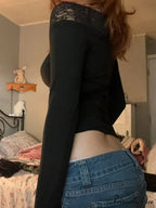 Printed Lace Trim Antique Deep Slim Slash Neck Extended Sleeve Knit Top