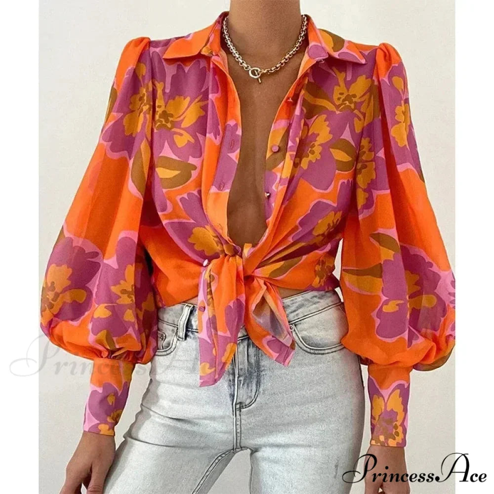 Printed Lantern Sleeve Antique Floral Button Long Sleeve Blouse