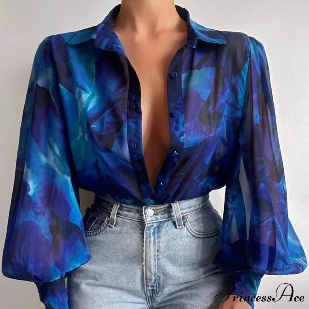 Printed Lantern Sleeve Antique Floral Button Long Sleeve Blouse