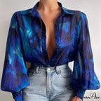 Printed Lantern Sleeve Antique Floral Button Long Sleeve Blouse