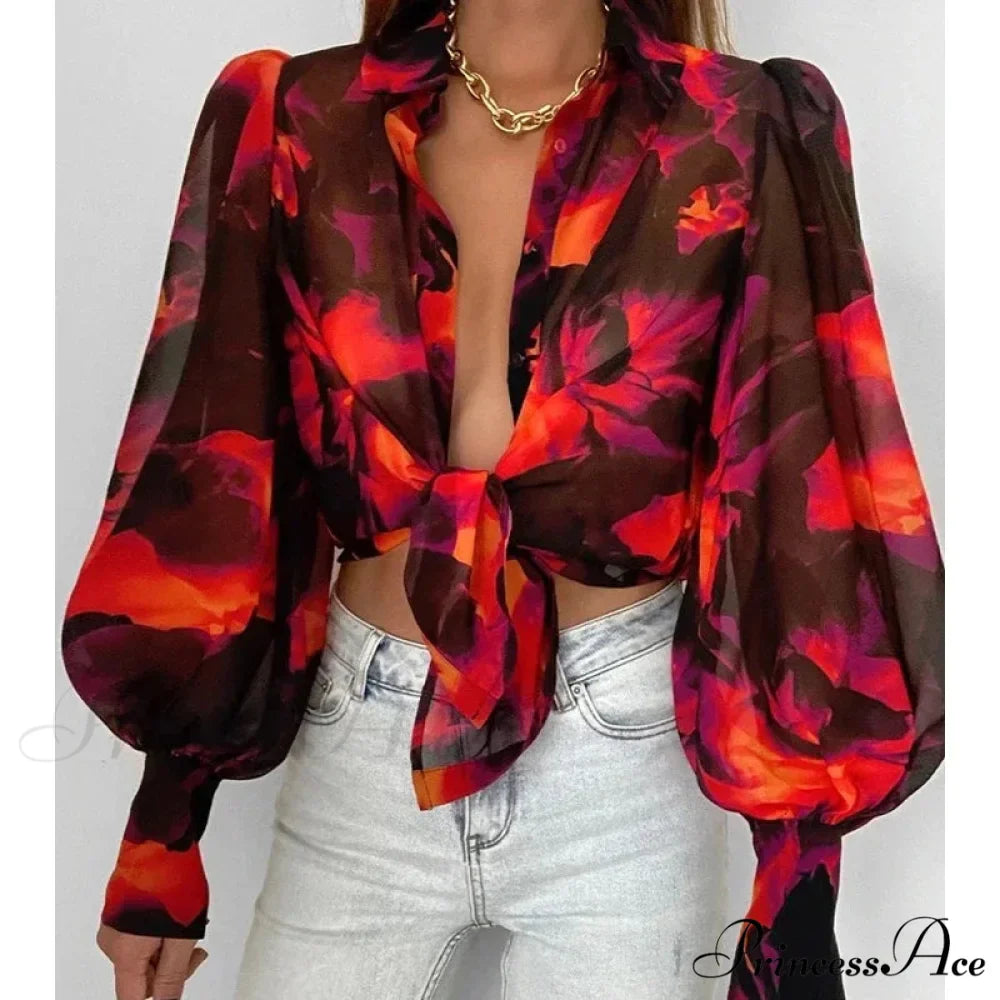 Printed Lantern Sleeve Antique Floral Button Long Sleeve Blouse