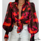 Printed Lantern Sleeve Antique Floral Button Long Sleeve Blouse