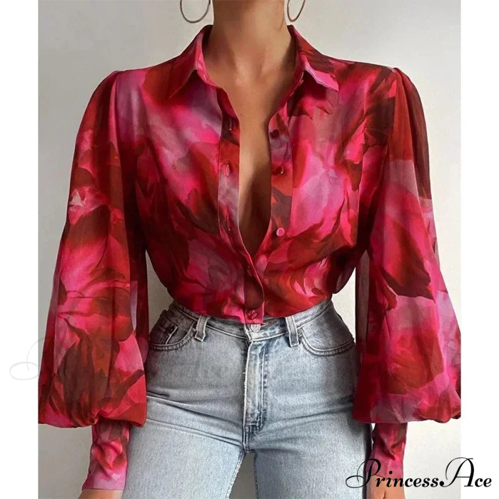 Printed Lantern Sleeve Antique Floral Button Long Sleeve Blouse