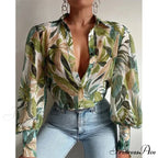 Printed Lantern Sleeve Antique Floral Button Long Sleeve Blouse