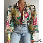 Printed Lantern Sleeve Antique Floral Button Long Sleeve Blouse