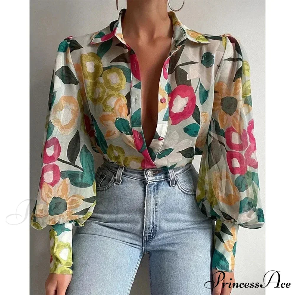 Printed Lantern Sleeve Antique Floral Button Long Sleeve Blouse