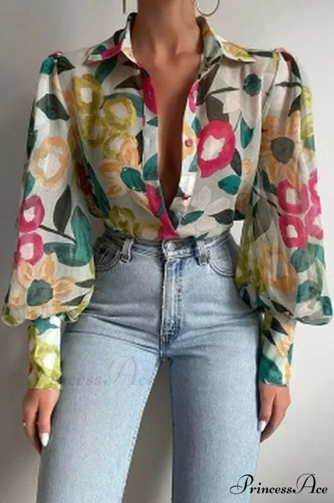 Printed Lantern Sleeve Antique Floral Button Long Sleeve Blouse