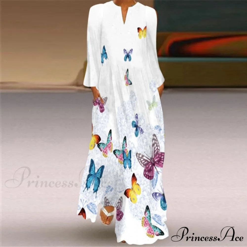 Printed Long Pocket Sexy V-neck Long Sleeve Dresses