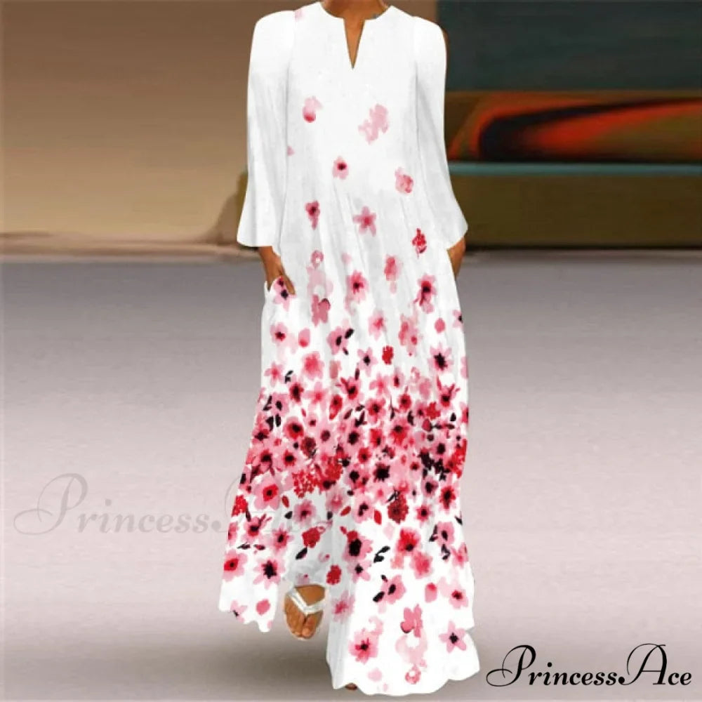 Printed Long Pocket Sexy V-neck Long Sleeve Dresses