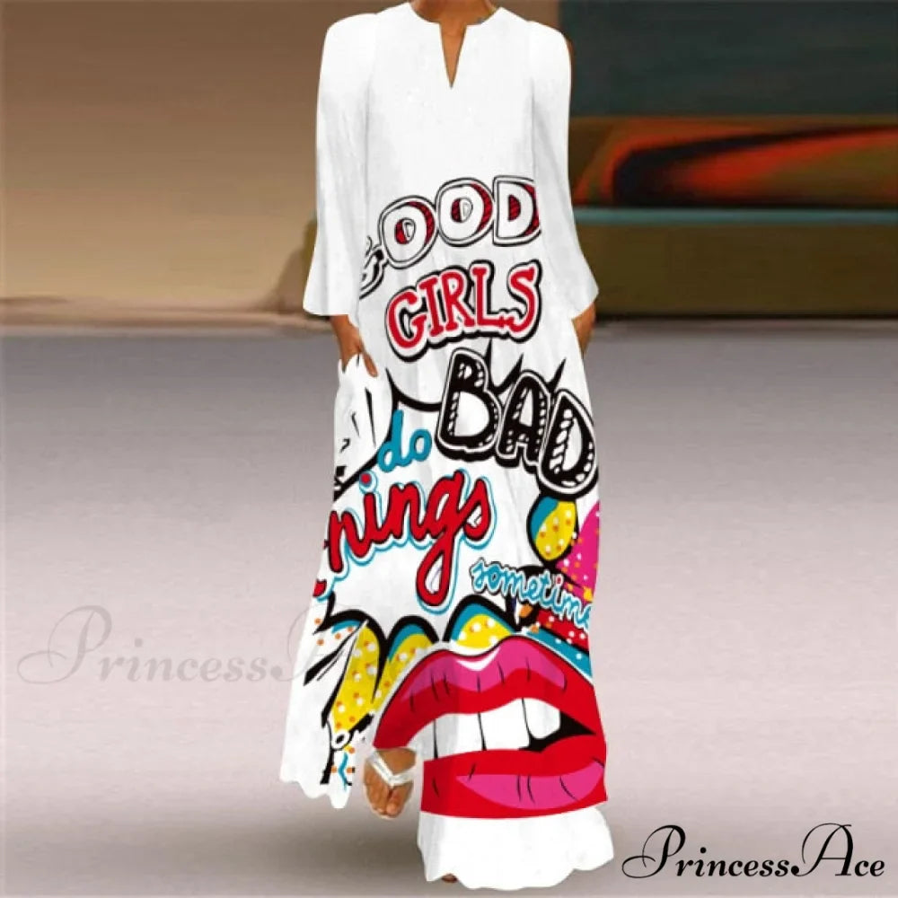 Printed Long Pocket Sexy V-neck Long Sleeve Dresses