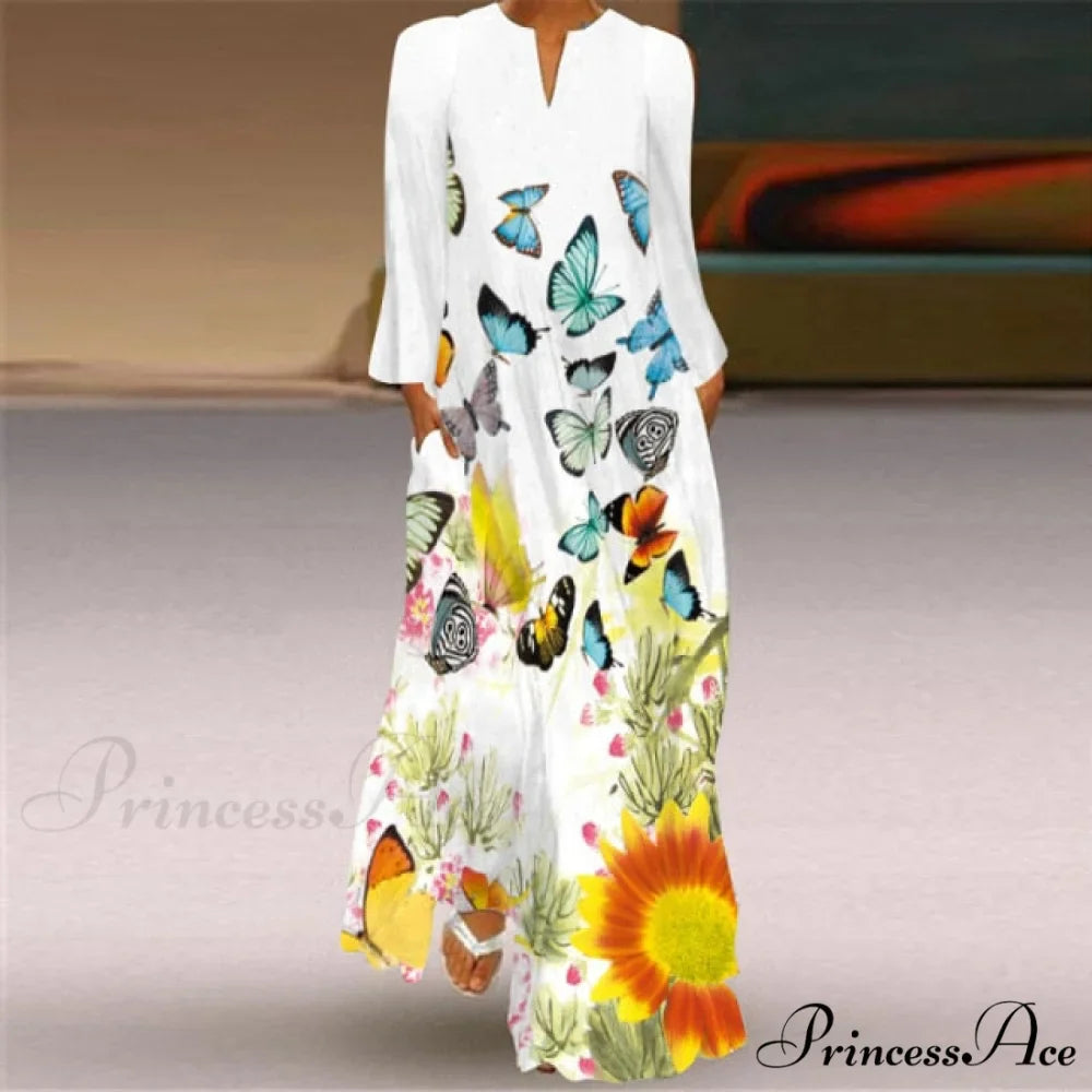 Printed Long Pocket Sexy V-neck Long Sleeve Dresses