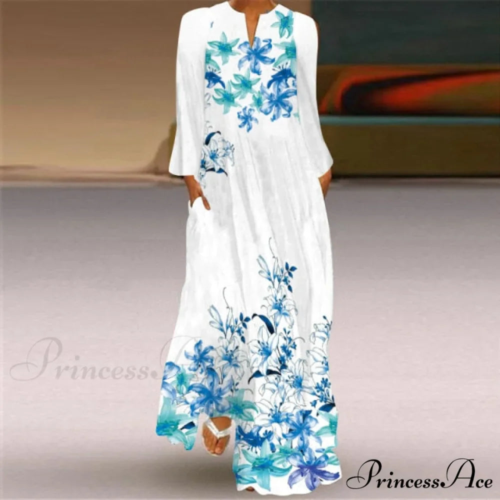 Printed Long Pocket Sexy V-neck Long Sleeve Dresses