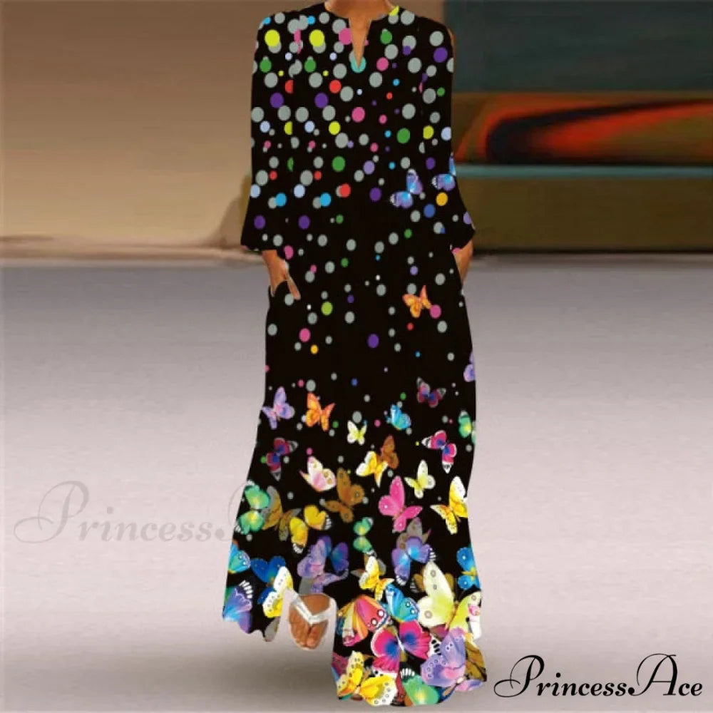 Printed Long Pocket Sexy V-neck Long Sleeve Dresses