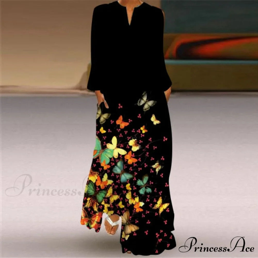 Printed Long Pocket Sexy V-neck Long Sleeve Dresses