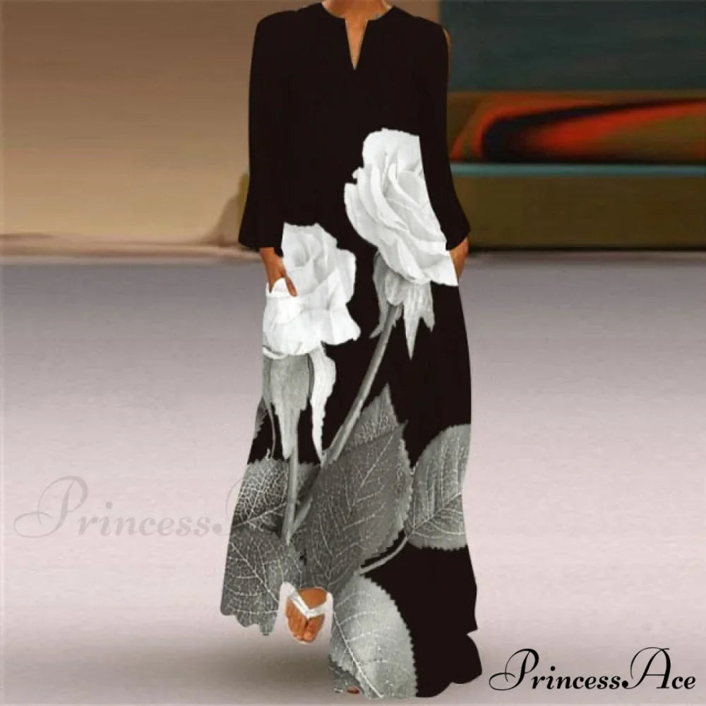 Printed Long Pocket Sexy V-neck Long Sleeve Dresses