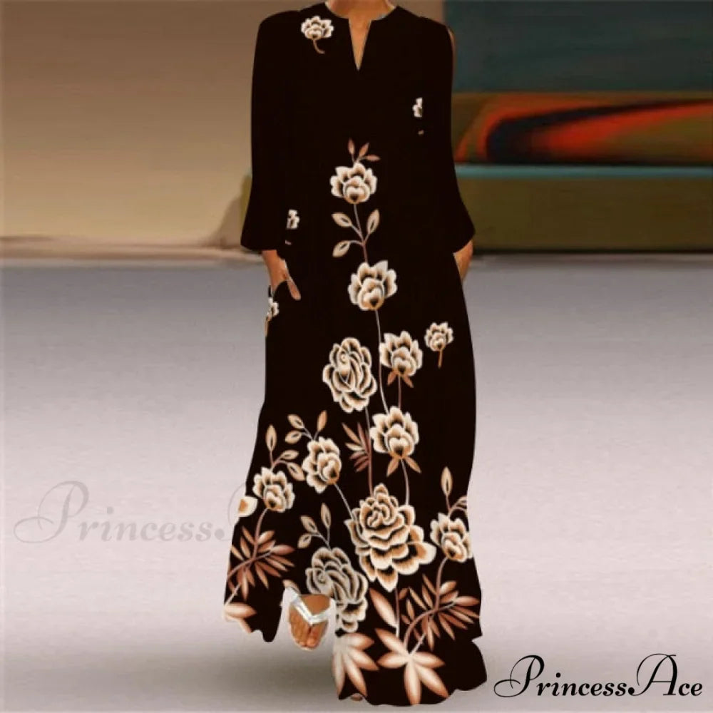 Printed Long Pocket Sexy V-neck Long Sleeve Dresses