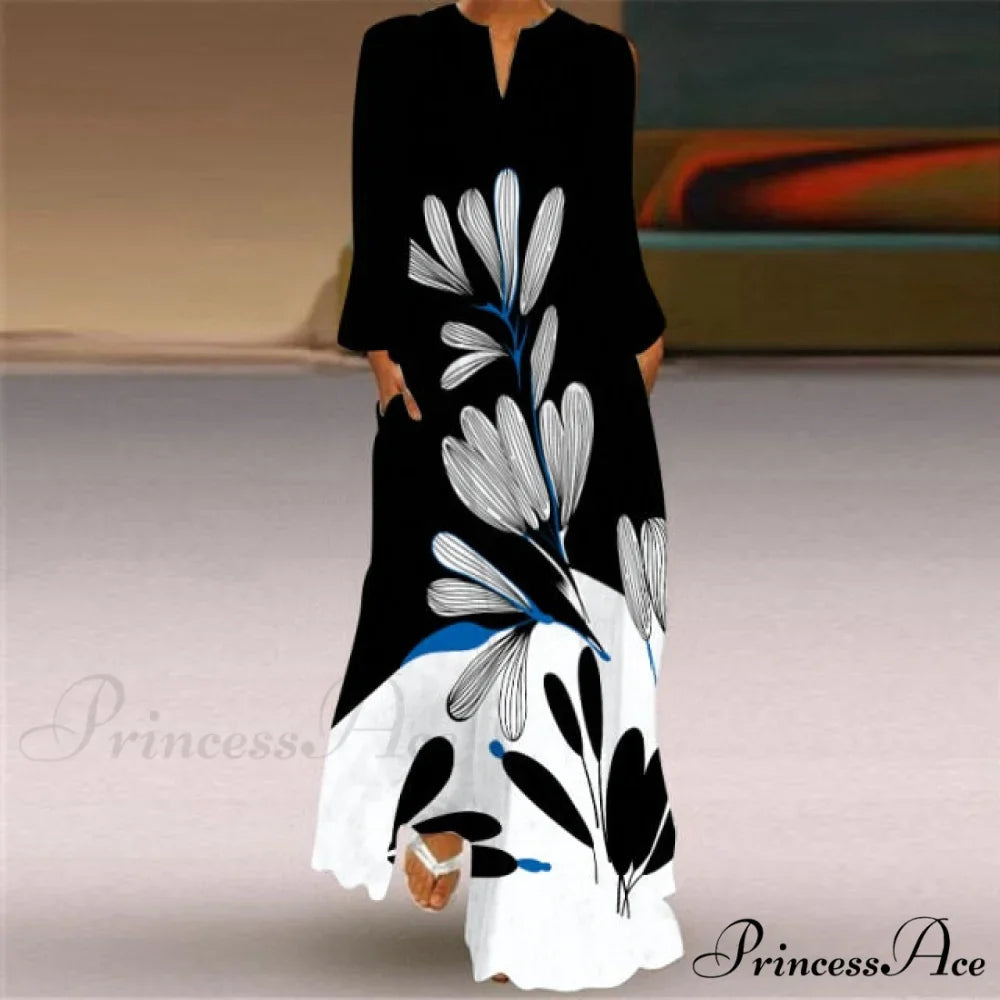 Printed Long Pocket Sexy V-neck Long Sleeve Dresses