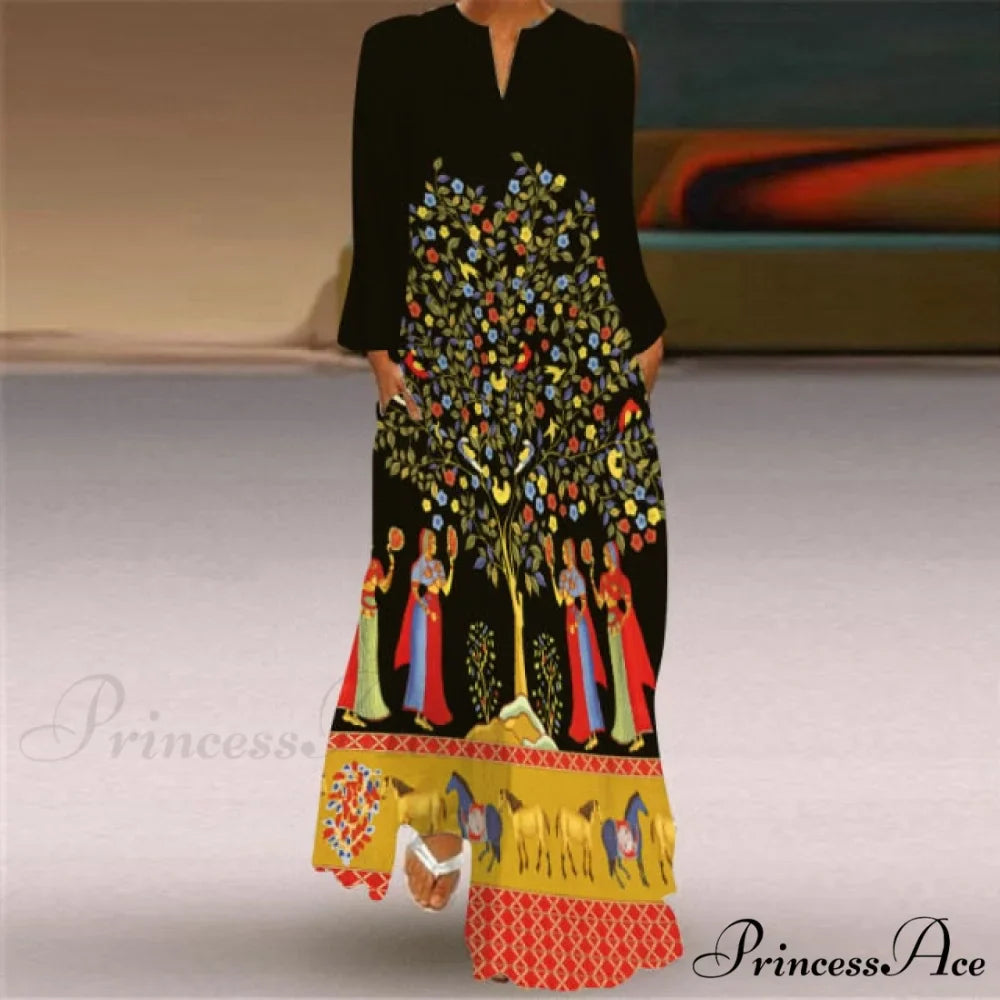 Printed Long Pocket Sexy V-neck Long Sleeve Dresses