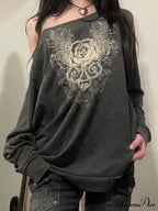 Printed Off-Shoulder Sweater Retro Baggy Long Sleeve Jumper