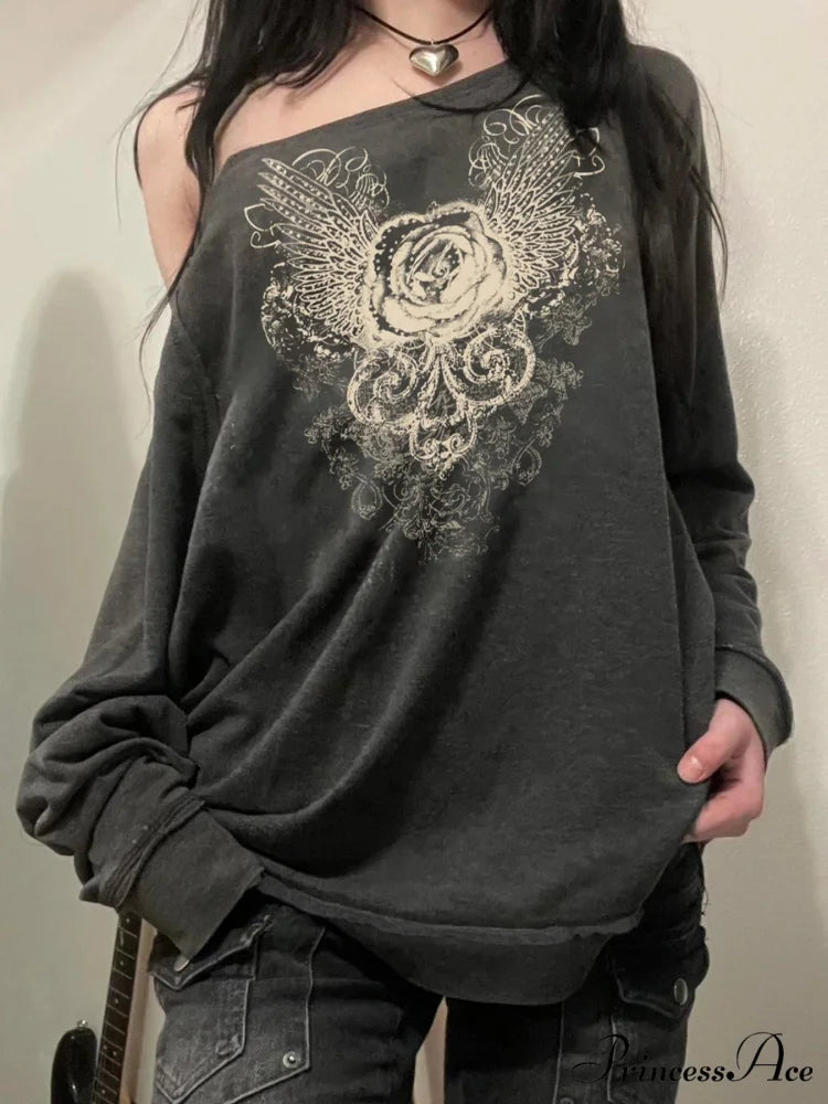 Printed Off-Shoulder Sweater Retro Baggy Long Sleeve Jumper