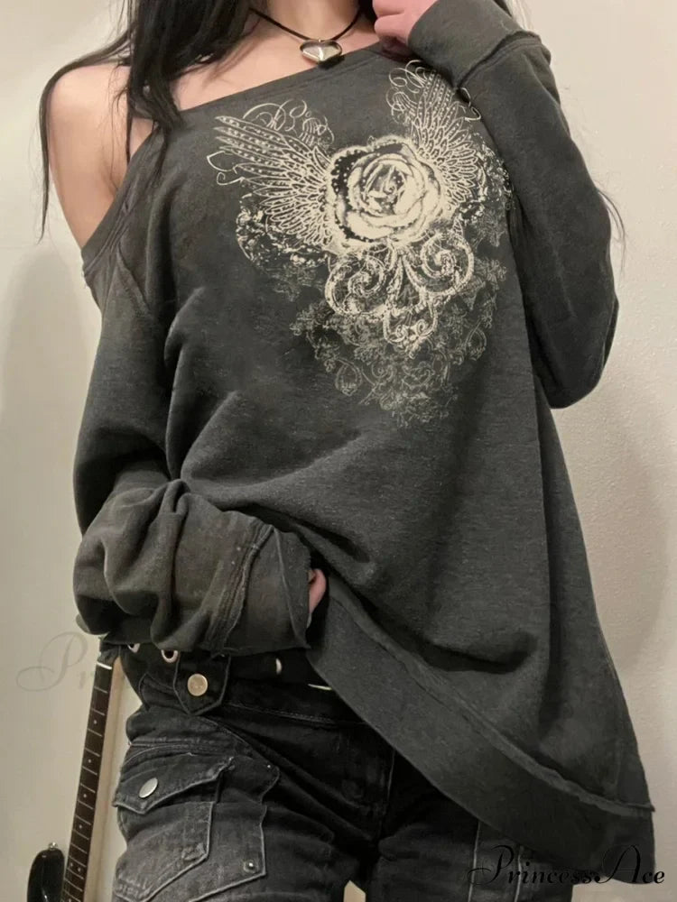 Printed Off-Shoulder Sweater Retro Baggy Long Sleeve Jumper