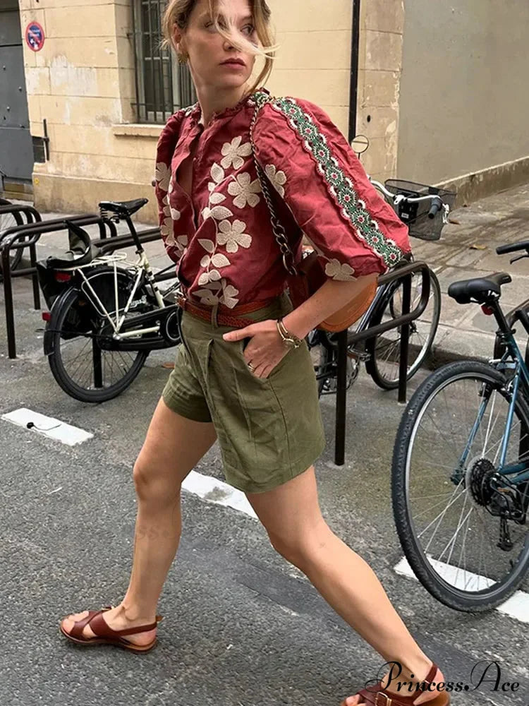 Printed Round Neck Short Sleeve Baggy Blouse