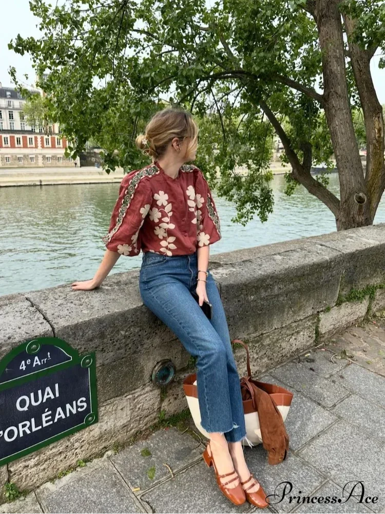 Printed Round Neck Short Sleeve Baggy Blouse