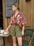 Printed Round Neck Short Sleeve Baggy Blouse