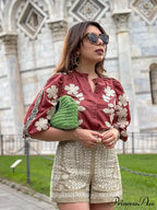 Printed Round Neck Short Sleeve Baggy Blouse