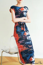 Printed Sleeveless Dress with Side Slit and Full Pleats