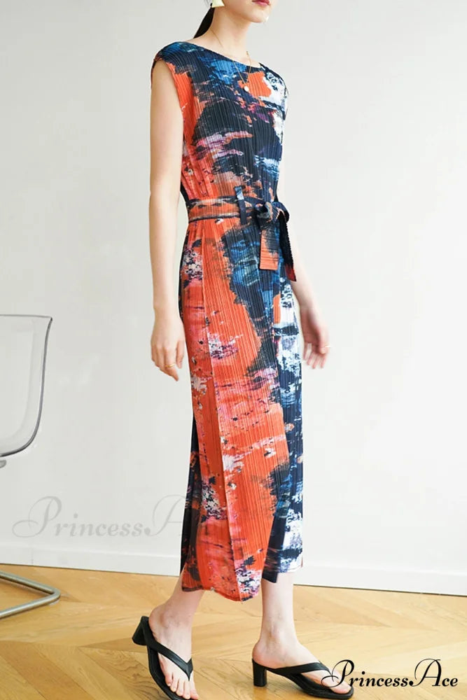 Printed Sleeveless Dress with Side Slit and Full Pleats