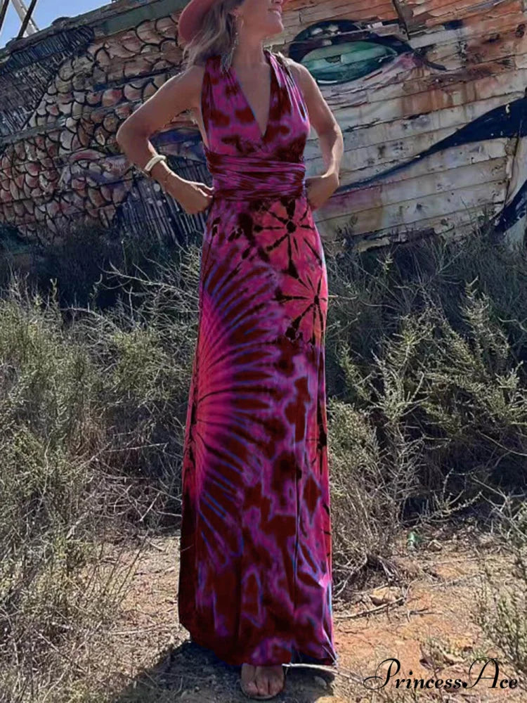 Printed Sleeveless Stylish V-Neck Maxi Dress