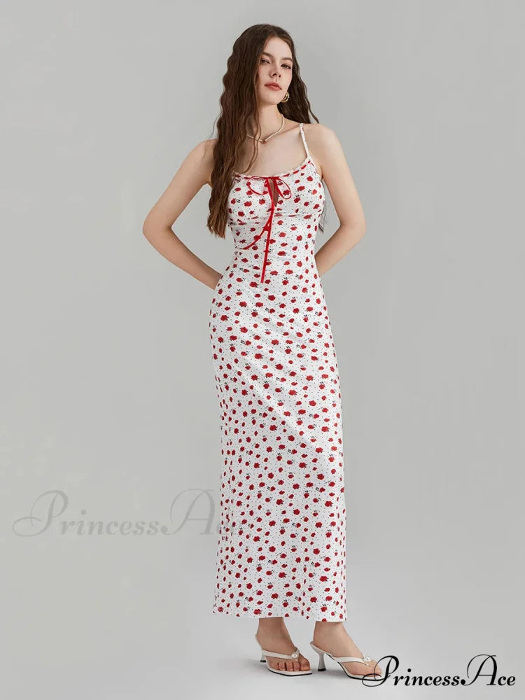 Printed Spaghetti Strap Ribbon Tie-Up Slip Holiday Flower Dress