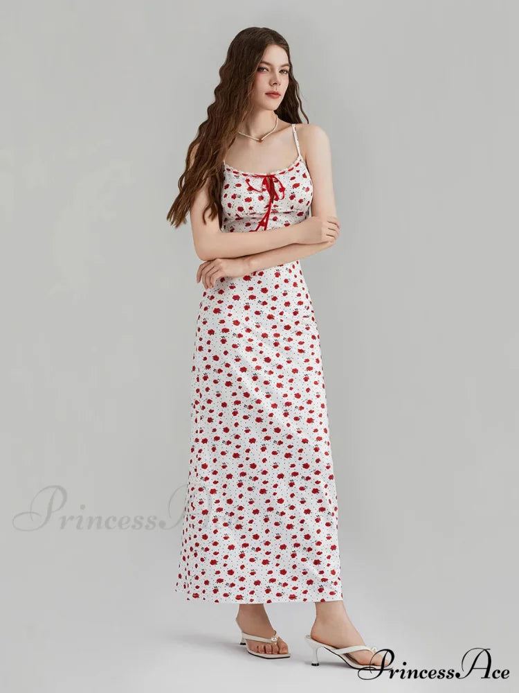 Printed Spaghetti Strap Ribbon Tie-Up Slip Holiday Flower Dress
