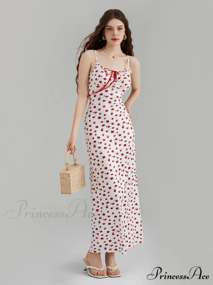 Printed Spaghetti Strap Ribbon Tie-Up Slip Holiday Flower Dress