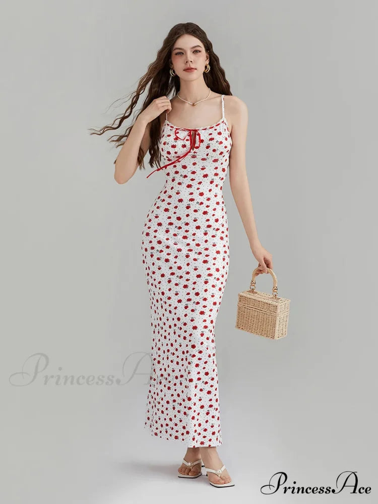 Printed Spaghetti Strap Ribbon Tie-Up Slip Holiday Flower Dress