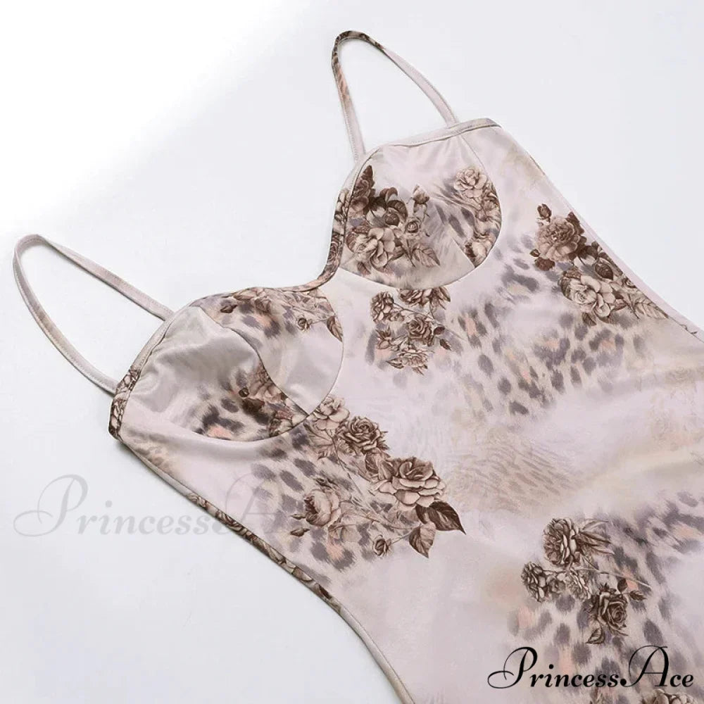 Printed Spaghetti Strap Sleeveless V-neck Backless Bodvcon Summer Lady Party SlimFloral Dress