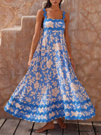 Printed Square Neck Charming Strap Maxi Dress