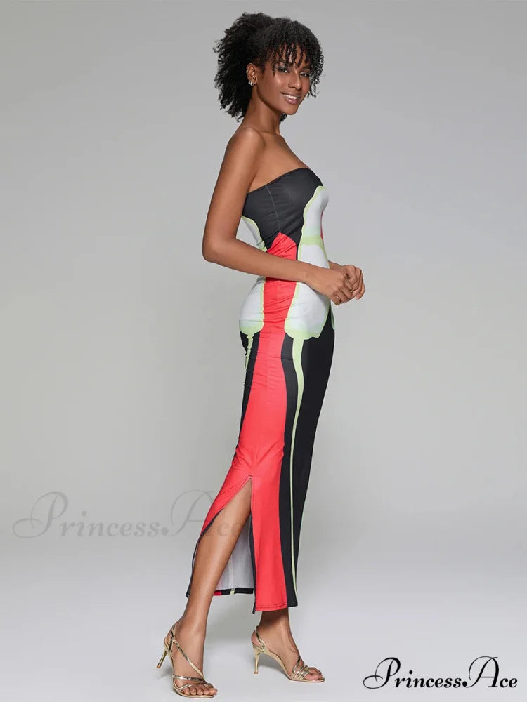 Printed Strapless Side Split Flower Dress