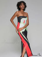 Printed Strapless Side Split Flower Dress