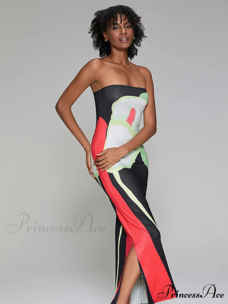 Printed Strapless Side Split Flower Dress