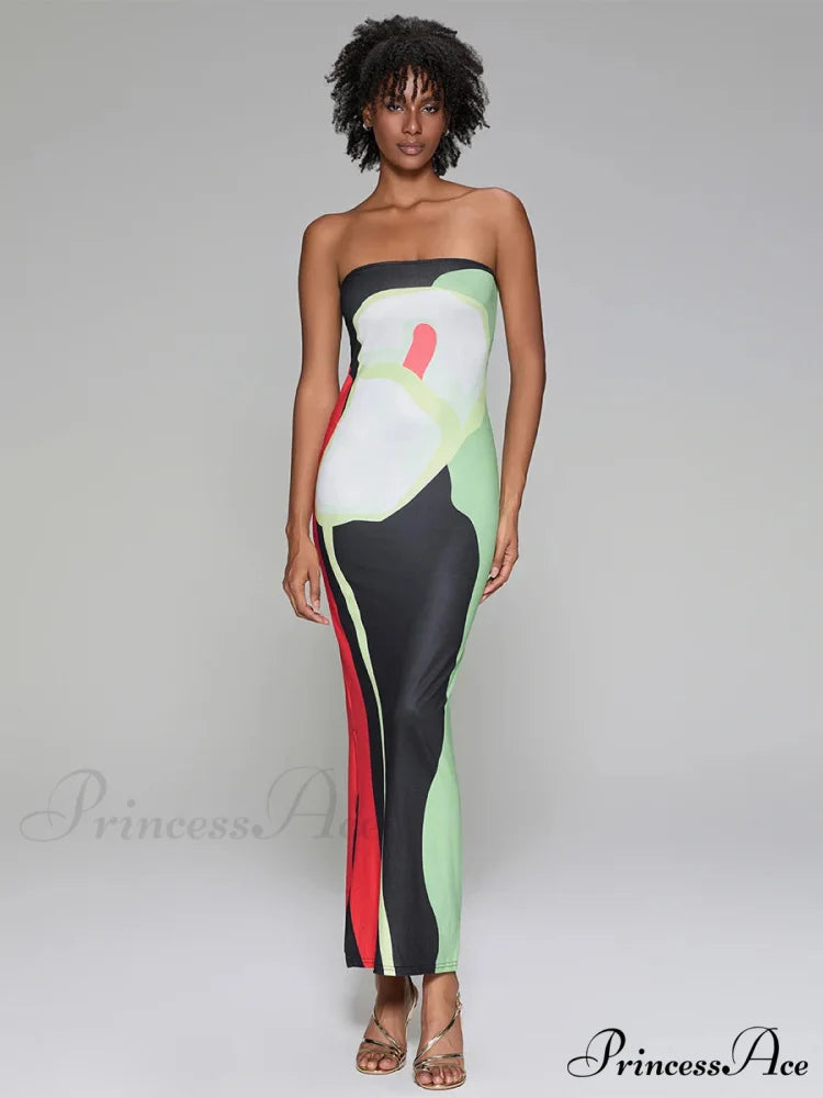 Printed Strapless Side Split Flower Dress