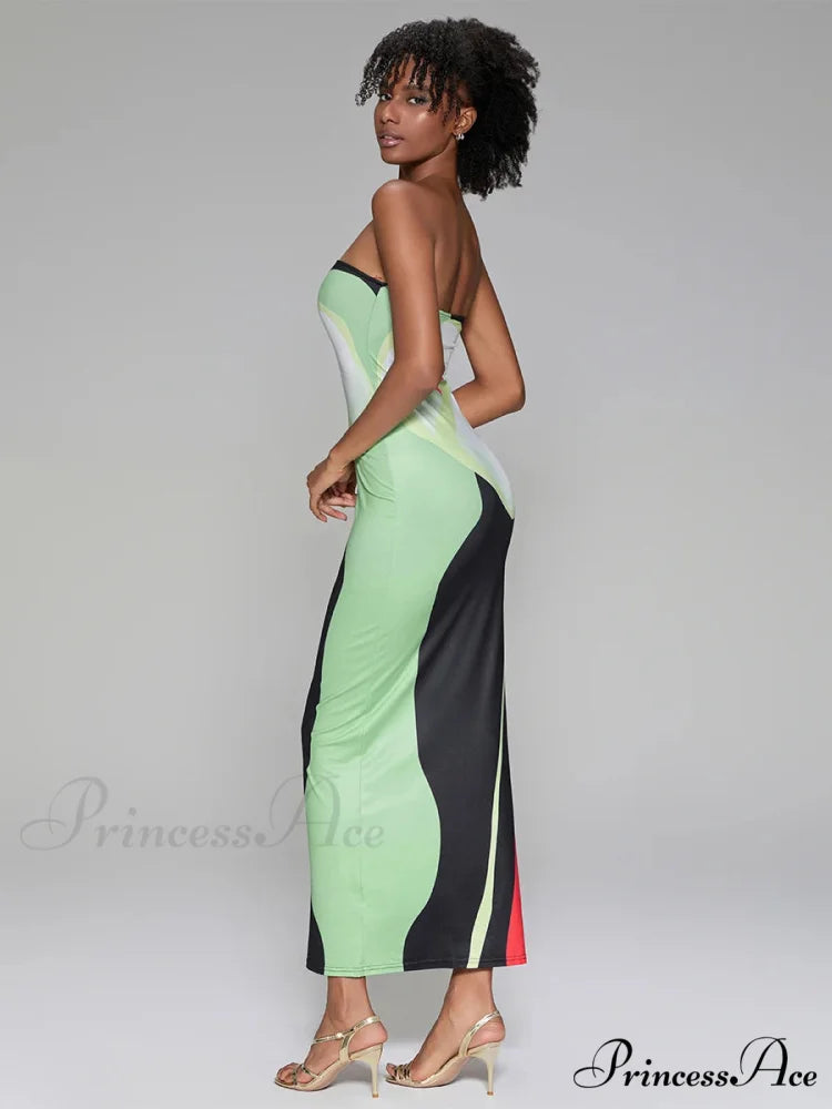 Printed Strapless Side Split Flower Dress