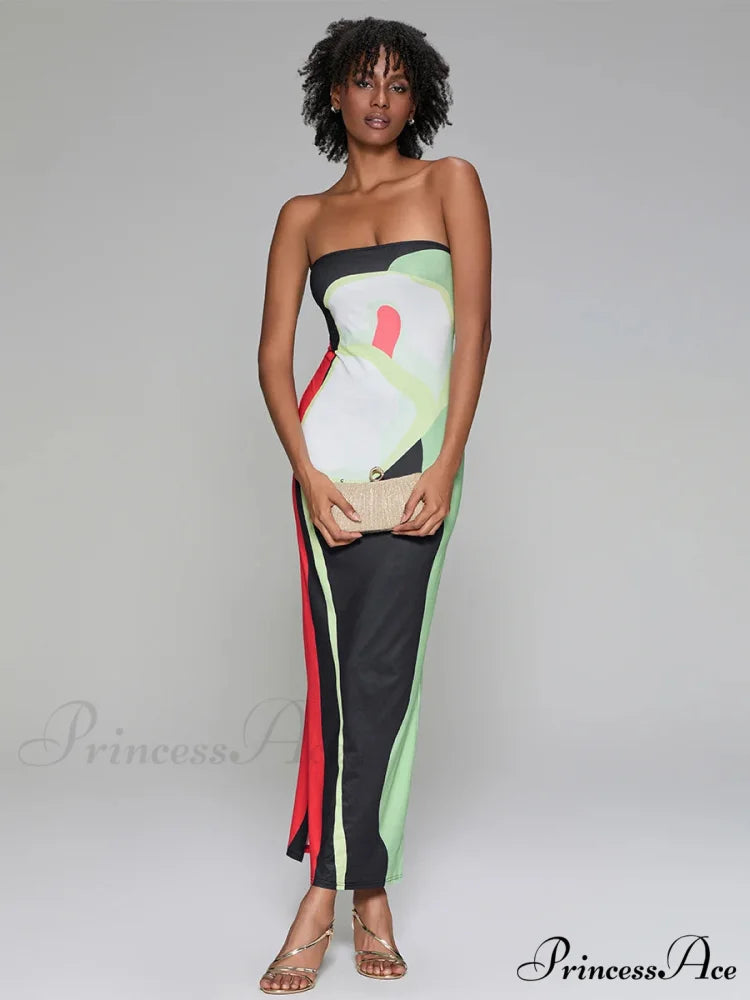 Printed Strapless Side Split Flower Dress