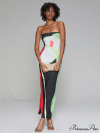 Printed Strapless Side Split Flower Dress